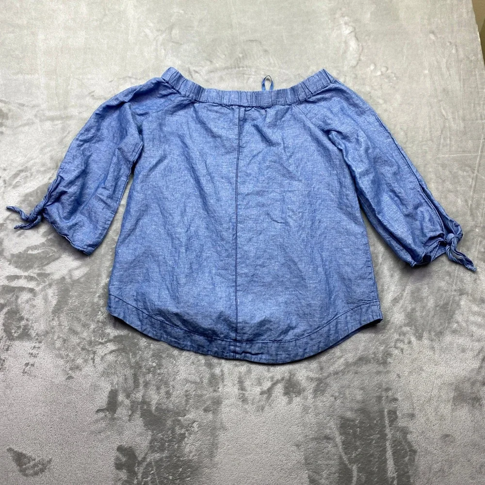 Free People Chambray Off-the-Shoulder Linen Blend Top 3/4 Sleeves Tie Cuffs Sz S